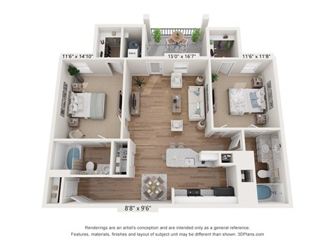 Floor plan for 2 beds, 2 baths, 1113 sqft